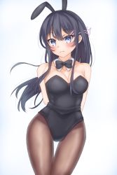 Rule 34 | 10s, 1girl, animal ears, arms behind back, black hair, black leotard, blue eyes, bow, bowtie, breasts, brown pantyhose, cleavage, commentary request, cowboy shot, detached collar, fake animal ears, hair ornament, hairclip, highres, leotard, long hair, looking at viewer, medium breasts, pantyhose, playboy bunny, rabbit ears, rabbit girl, sakurajima mai, seishun buta yarou, simple background, solo, strapless, strapless leotard, thigh gap, tsukiyono, white background