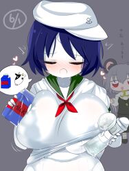 Rule 34 | 2girls, anchor symbol, animal ears, blue hair, blush, colored skin, commentary request, cookie (touhou), crystal, grey background, grey hair, grey skirt, grey vest, hat, heart, highres, hug, jewelry, lactation, lets0020, long sleeves, milk (cookie), milk carton, mouse ears, mouse girl, multiple girls, murasa minamitsu, nazrin, neckerchief, nose blush, nyon (cookie), open mouth, pendant, red eyes, red neckerchief, shirt, short hair, simple background, skirt, smile, solo focus, touhou, translation request, upper body, vest, white hat, white shirt, white skin