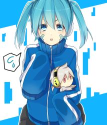 Rule 34 | 1boy, 1girl, blue eyes, blue hair, blush, character doll, ene (kagerou project), hamunezuko (nezukonezu32), headphones, kagerou project, konoha (kagerou project), long sleeves, oversized clothes, red eyes, skirt, track suit, turtleneck, twintails, white hair