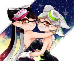 Rule 34 | + +, 2girls, bare arms, bare shoulders, black dress, black hair, blush, bow, breast press, breasts, callie (splatoon), clenched teeth, detached collar, dress, earrings, english text, eyebrows, fang, female focus, food, food on head, gloves, grin, hair bow, hat, hug, inkling, jewelry, long hair, looking at viewer, marie (splatoon), mole, mole under eye, multiple girls, nintendo, object on head, one eye closed, orange eyes, pointy ears, short hair, silver hair, smile, sparkle, splatoon (series), splatoon 1, star (symbol), starry background, strapless, strapless dress, sumire (sumi000000), symbol-shaped pupils, symmetrical docking, teeth, tentacle hair, tentacles, thick eyebrows, upper body, white gloves, wink, yuri