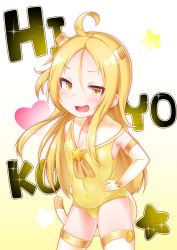 Rule 34 | 1girl, :d, ahoge, bad id, bad pixiv id, bare shoulders, blonde hair, blush, brown eyes, commentary request, copyright request, detached sleeves, forehead, hair between eyes, hands on own hips, heart, highres, kirisame mia, long hair, long sleeves, looking at viewer, one-piece swimsuit, open mouth, parted bangs, sailor collar, sailor swimsuit, sleeves past wrists, smile, solo, sparkle, star (symbol), swimsuit, thighhighs, v-shaped eyebrows, very long hair, white sailor collar, white sleeves, white thighhighs, yellow one-piece swimsuit