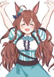 Rule 34 | 1girl, :d, ahoge, animal ears, arms up, blush, braid, breasts, brown hair, closed eyes, hair ornament, hamanashi (trapiorra), happy, highres, long hair, medium breasts, mejiro bright (umamusume), o/, open mouth, outstretched arms, short sleeves, simple background, smile, solo, twin braids, umamusume, white background