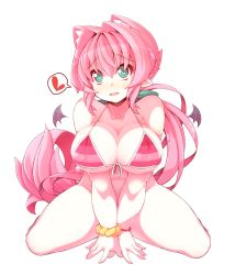 Rule 34 | 1girl, animal ears, bikini, bikini top only, bottomless, breasts, crazy developers, green eyes, heart, heart-shaped pupils, highres, large breasts, long hair, no panties, original, pink hair, pointy ears, ponytail, solo, souffle gamberetto, striped bikini, striped clothes, swimsuit, symbol-shaped pupils, transparent background, v arms, white background