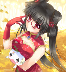 Rule 34 | 1girl, @ @, bad id, bad nicoseiga id, black hair, blush, blush stickers, china dress, chinese clothes, dress, glasses, gloves, hair ornament, holding, long hair, original, red eyes, red gloves, solo, sousouman