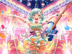 Rule 34 | bang dream!, blue hair, blush, dress, green eyes, guitar, happy, hikawa hina, short hair, twintails