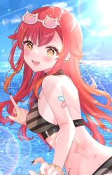 Rule 34 | 1girl, breasts, bubble, commentary, fang, fingernails, glasses, highres, lens flare, long hair, looking at viewer, medium breasts, nekota tsuna, red hair, shain, sky, solo, swimsuit, symbol-only commentary, virtual youtuber, vspo!, wet, yellow eyes