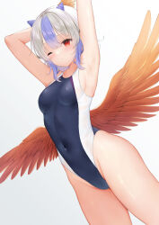 Rule 34 | 1girl, armpits, arms up, blush, breasts, covered navel, cowboy shot, expressionless, feathered wings, groin, highres, horns, looking ahead, low wings, medium hair, one eye closed, parted lips, sideboob, small breasts, solo, tokiko (touhou), touhou, wings, y na1211