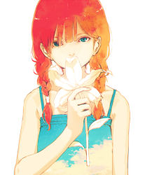 Rule 34 | 1girl, arm at side, bare legs, blue eyes, braid, commentary request, covered mouth, eyelashes, flat chest, flower, flower over mouth, hair over one eye, hair over shoulder, highres, holding, holding flower, lily (flower), long hair, looking at viewer, minamito, original, red hair, shade, sky print, solo, spaghetti strap, summer, twin braids, twintails, upper body, white background, white flower