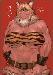 Rule 34 | 1girl, abs, absurdres, animal ears, animal print, artist name, bandeau, belt, blue eyes, bracer, breasts, chinese zodiac, cleavage, fur trim, highres, huge breasts, ibuo (ibukht1015), micro shorts, midriff, multicolored hair, muscular, muscular female, orange hair, original, red background, scar, scar on arm, scar on face, scar on stomach, short eyebrows, short hair, shorts, solo, strapless, streaked hair, thick eyebrows, thighhighs, tiger ears, tiger girl, tiger print, tube top, year of the tiger