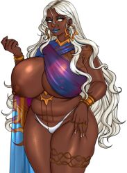 Rule 34 | 1girl, art moira, blue lips, bracelet, breasts, cloak, corruption of champions 2, curvy, dark-skinned female, dark nipples, dark skin, earrings, fat rolls, fingernails, hand on own thigh, huge breasts, jewelry, long fingernails, long hair, looking at viewer, lumia (coc2), makeup, multicolored eyes, nipples, one breast out, panties, plump, puffy areolae, ring, scarf, shiny skin, simple background, smile, solo, standing, thick lips, thick thighs, thighs, thong, underwear, very dark skin, very long hair, wavy hair, white background, white hair, white panties