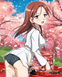 Rule 34 | 1girl, ass, bent over, breasts, cloud, cowboy shot, female focus, minna-dietlinde wilcke, bento, official art, outdoors, plant, sky, solo, strike witches, swimsuit, tree, world witches series