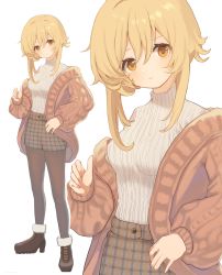 Rule 34 | absurdres, alternate costume, blonde hair, breasts, commentary request, culottes, genshin impact, hair between eyes, highres, jacket, long sleeves, looking at viewer, lumine (genshin impact), marekamico, medium breasts, off-shoulder jacket, off shoulder, open clothes, open jacket, orange jacket, orange sweater, plaid, plaid skirt, ribbed sweater, short hair with long locks, skirt, sweater, turtleneck, turtleneck sweater, yellow eyes