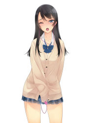 Rule 34 | 1girl, ;o, arm behind back, black hair, blue eyes, blush, cardigan, cowboy shot, discreet vibrator, earbuds, earphones, highres, long hair, looking at viewer, murakami suigun, one eye closed, original, pleated skirt, sex toy, simple background, skirt, sleeves past wrists, solo, sweat, tongue, uniform, vibrator, vibrator under clothes, white background