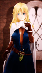 Rule 34 | 1girl, armor, armored dress, blonde hair, blue eyes, blush, breasts, cape, cecil (wing r), closed mouth, commentary, english commentary, final fantasy, final fantasy tactics, gloves, highres, knife, knight (fft), long hair, looking at viewer, solo