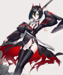 Rule 34 | 1girl, absurdres, arm up, asymmetrical clothes, asymmetrical coat, azur lane, bare shoulders, black footwear, black hair, boots, breasts, brown coat, cleavage, coat, cross, feet out of frame, hair between eyes, highres, horns, iron cross, light brown background, looking at viewer, mechanical horns, multicolored coat, multicolored hair, panties, polearm, red coat, red horns, senshu, signature, simple background, small breasts, solo, streaked hair, thigh boots, thighhighs, two-tone coat, two-tone hair, ulrich von hutten (azur lane), underwear, weapon, weapon behind back, white hair, white panties, yellow eyes