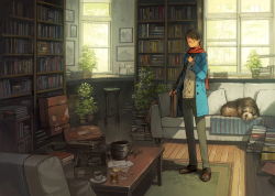 Rule 34 | 1boy, animal, bag, blue coat, book, book stack, bookshelf, brown footwear, brown hair, coat, coffee mug, couch, cup, day, dog, glasses, handbag, indoors, looking at viewer, male focus, mug, original, painting (object), plant, plate, potted plant, scarf, scenery, shoes, short hair, solo, stool, suitcase, table, toolbox, window, yoshida seiji