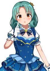 Rule 34 | 1girl, absurdres, akatsuki (artakatuki), blue bow, blue bowtie, blue dress, blush, bow, bowtie, breasts, brooch, brown eyes, cleavage cutout, clothing cutout, crown, curly hair, dot nose, dress, gloves, green hair, hand up, highres, idolmaster, idolmaster million live!, idolmaster million live! theater days, index finger raised, jewelry, layered dress, looking at viewer, medium breasts, medium hair, mini crown, open mouth, parted bangs, print dress, puffy short sleeves, puffy sleeves, short sleeves, simple background, solo, star (symbol), star brooch, star print, striped bow, striped bowtie, striped clothes, tokugawa matsuri, upper body, white background, white gloves