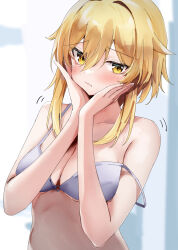 Rule 34 | 1girl, absurdres, bare shoulders, blonde hair, blush, bra, breasts, commentary request, genshin impact, hair between eyes, hands on own cheeks, hands on own face, highres, lingerie, looking away, lumine (genshin impact), medium breasts, motion lines, nanashinayuzu mochi, short hair with long locks, solo, strap slip, underwear, upper body, yellow eyes