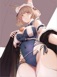 Rule 34 | 1girl, arm strap, bell, bikini, black coat, blue bikini, blue one-piece swimsuit, blush, breasts, brown eyes, cameltoe, coat, covered navel, cowbell, frills, from below, fur-trimmed coat, fur trim, garter belt, kato (kato), large breasts, light brown hair, looking at viewer, maid, maid headdress, one-piece swimsuit, open clothes, open coat, original, short hair, solo, swimsuit, thighhighs, white thighhighs
