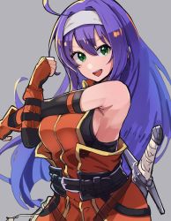 Rule 34 | 1girl, ahoge, artist request, bare shoulders, belt, blue hair, blush, breasts, detached sleeves, fingerless gloves, fire emblem, fire emblem: path of radiance, gloves, green eyes, hairband, headband, highres, long hair, looking at viewer, medium breasts, mia (fire emblem), nintendo, open mouth, purple hair, sideboob, smile, solo, stretched limb, sword, thighhighs, weapon, white hairband