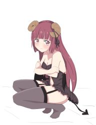 Rule 34 | 1girl, absurdres, black thighhighs, blush, breasts, brown eyes, brown hair, cleavage, closed mouth, cosplay, crossed arms, demon girl, demon horns, demon tail, embarrassed, fake horns, fake tail, fake wings, garter straps, hanazono yurine, highres, horns, jashin-chan dropkick, long hair, looking at viewer, looking to the side, midriff, navel, simple background, small breasts, solo, tail, thighhighs, white background, wings