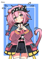 Rule 34 | 1girl, absurdres, animal ears, arknights, black hairband, black skirt, blue background, blue bow, blush, border, bow, braid, bright pupils, cat ears, cat girl, cat tail, coat, commentary request, cowboy shot, flying sweatdrops, goldenglow (arknights), hair bow, hairband, head tilt, hendra, highres, id card, index fingers together, inset border, lightning bolt print, long hair, looking at viewer, pink coat, pink hair, pink shirt, pleated skirt, pouch, shirt, signature, simple background, skirt, solo, tail, thighhighs, white pupils, white thighhighs, yellow eyes