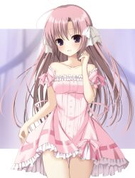 Rule 34 | 1girl, absurdres, ahoge, arm at side, bare shoulders, blurry, blurry background, blush, bow, breasts, collarbone, commentary request, commission, cowboy shot, dress, eyelashes, frilled bow, frilled dress, frilled sleeves, frills, frown, hair between eyes, hair bow, hand up, highres, himawari no kyoukai to nagai natsuyasumi, long hair, looking at viewer, medium breasts, natsusaki yomi, ncontrail (mgax7527), off-shoulder dress, off shoulder, open mouth, pink bow, pink dress, pink hair, purple eyes, short dress, short sleeves, shy, simple background, skeb commission, skirt hold, solo, straight hair, thigh gap, two side up, very long hair, white bow