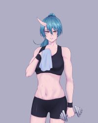 Rule 34 | 1girl, absurdres, alternate hairstyle, aqua hair, arknights, bare arms, bare shoulders, bike shorts, black shorts, commentary, cowboy shot, dumbbell, grey background, grin, hair between eyes, hand up, highres, holding, horns, hoshiguma (arknights), lexqui (wgtn7242), long hair, looking at viewer, midriff, navel, ponytail, short shorts, shorts, simple background, single horn, smile, solo, sports bra, standing, stomach, sweat, wrist cuffs, yellow eyes