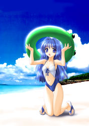 Rule 34 | 1girl, absurdres, beach, breasts, casual one-piece swimsuit, cleavage, cloud, day, hair intakes, highres, innertube, kanon, kneeling, medium breasts, minase nayuki, navel, norizou type-r, ocean, one-piece swimsuit, outdoors, photo background, sandals, sky, solo, swim ring, swimsuit, thigh gap, thighs, water