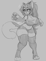 Rule 34 | 1girl, animal ear fluff, animal ears, animal nose, body fur, breasts, bursting ass, cat, cat ears, cat girl, cat tail, claws, closed mouth, clothing request, commentary, curvy, digitigrade, dumbbell, english commentary, full body, furry, furry female, grey background, greyscale, hair between eyes, jinx doodle, large breasts, long hair, medium request, monochrome, navel, original, pawpads, shorts, skindentation, solo, sports bra, standing, sweat, nervous sweating, tail, thick thighs, thighs, undersized clothes