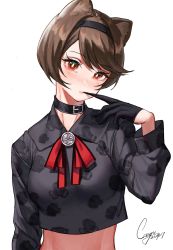 Rule 34 | 1girl, animal ears, belt collar, black gloves, black hairband, black shirt, blush, bob cut, brown eyes, brown hair, collar, cozyu, cropped shirt, dated, floral print, gloves, hairband, half gloves, hand up, head tilt, highres, hyona elatiora, long sleeves, looking at viewer, mouth hold, mouth pull, neck ribbon, nijisanji, nijisanji id, print shirt, red ribbon, ribbon, rose print, shirt, short hair, signature, simple background, solo, virtual youtuber, white background