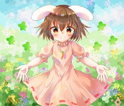 Rule 34 | 1girl, animal ears, blush, breasts, brown eyes, brown hair, carrot necklace, closed mouth, commentary request, cowboy shot, dress, floppy ears, frilled sleeves, frills, hair between eyes, inaba tewi, incoming hug, jewelry, looking at viewer, multicolored eyes, necklace, orange eyes, outstretched arms, pendant, pink dress, puffy short sleeves, puffy sleeves, rabbit ears, ribbon-trimmed dress, short hair, short sleeves, small breasts, smile, solo, touhou, wavy hair, yellow eyes, yukishiro yayoi