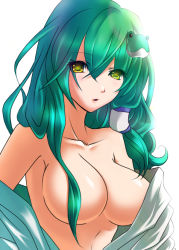 Rule 34 | 1girl, bad id, bad pixiv id, bare shoulders, breasts, censored, cleavage, collarbone, convenient censoring, female focus, frog, green hair, hair censor, hair ornament, hair over breasts, kochiya sanae, kukua (mosushi), large breasts, long hair, off shoulder, solo, touhou, upper body, yellow eyes
