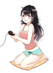 Rule 34 | 1girl, :o, absurdres, ahfish, barefoot, black hair, blue shorts, blush, breasts, controller, full body, hair between eyes, highres, holding, holding controller, long hair, looking at viewer, medium breasts, navel, original, pillow, playing games, purple eyes, red shirt, shirt, shorts, simple background, sitting, solo