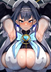 Rule 34 | 1girl, absurdres, alternate breast size, armpits, breasts, cleavage cutout, clothing cutout, collared shirt, covered erect nipples, hair between eyes, highres, hololive, hololive english, huge breasts, nuezou, ouro kronii, ouro kronii (1st costume), shirt, solo, underboob, virtual youtuber