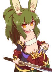 Rule 34 | 1girl, animal ear fluff, animal ears, bandeau, bell, blush, brown eyes, closed mouth, commentary request, etrian odyssey, green hair, green pants, hair between eyes, highres, holding, holding sword, holding weapon, jingle bell, long hair, looking at viewer, masurao (sekaiju), naga u, navel, pants, ponytail, rabbit ears, sekaiju no meikyuu, sekaiju no meikyuu 5, simple background, solo, sword, unsheathed, v-shaped eyebrows, vambraces, very long hair, weapon, white background, white bandeau