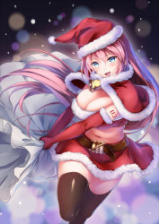 Rule 34 | 1girl, :d, arm tattoo, bell, belt, bit (keikou syrup), black thighhighs, blue eyes, blurry, blush, bokeh, breasts, capelet, christmas, depth of field, elbow gloves, floating hair, fur trim, gloves, hair between eyes, hat, holding, large breasts, leg up, long hair, megurine luka, midriff, miniskirt, navel, open mouth, red gloves, red hat, red skirt, sack, santa costume, santa hat, skirt, smile, solo, standing, standing on one leg, stomach, tattoo, thighhighs, v arms, very long hair, vocaloid, zettai ryouiki