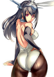 Rule 34 | 10s, 1girl, animal ears, ass, back, back-seamed legwear, bad id, bad pixiv id, bare back, bare shoulders, black hair, contrapposto, cowboy shot, dodai shouji, fake animal ears, from behind, hand on own hip, headgear, kantai collection, leotard, long hair, looking back, nagato (kancolle), pantyhose, personification, playboy bunny, rabbit ears, red eyes, seamed legwear, simple background, solo, standing, white background