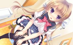 Rule 34 | 1girl, ayase chisato, black thighhighs, blush, bow, bow panties, breasts, brown hair, censored, chuunibyou na kanojo no love equation, dutch angle, frilled skirt, frills, game cg, garter straps, hair intakes, hair ornament, hair ribbon, hairclip, hands on own knees, heart, heart hair ornament, indoors, knees together feet apart, long hair, looking at viewer, mosaic censoring, open mouth, panties, panty pull, pee, peeing, pink bow, purple eyes, pussy, ribbon, school uniform, short sleeves, sitting, skirt, solo, striped ribbon, surprised, thighhighs, tile floor, tiles, toilet, toilet paper, toilet use, underwear, very long hair, white panties, x hair ornament, yukie (peach candy)