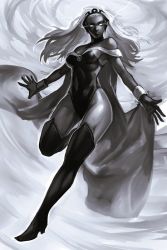 Rule 34 | 1girl, bare shoulders, boots, breasts, cape, closed mouth, dark skin, dark-skinned female, electricity, flying sweatdrops, greyscale, headpiece, high heel boots, high heels, hungry clicker, leotard, long hair, looking at viewer, marvel, medium breasts, monochrome, no pupils, outstretched arms, solo, spread arms, storm (x-men), thigh boots, thighhighs, wristband, x-men