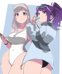 Rule 34 | 2girls, absurdres, ass, back, blush, breasts, competition swimsuit, covered navel, goggles, goggles on head, grey hair, highres, idolmaster, idolmaster shiny colors, jacket, long hair, looking at viewer, multiple girls, ogasawara, one-piece swimsuit, ponytail, purple eyes, purple hair, sketch, sleeves past wrists, swim goggles, swimsuit, tanaka mamimi, visor cap, whistle, yukoku kiriko