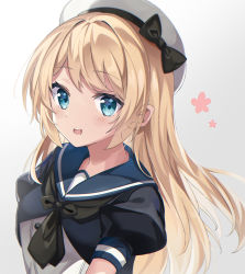 Rule 34 | 1girl, absurdres, blonde hair, blue eyes, blue sailor collar, blush, dress, fathom, gradient background, hat, highres, jervis (kancolle), kantai collection, long hair, open mouth, puffy short sleeves, puffy sleeves, sailor collar, sailor dress, sailor hat, short sleeves, solo, teeth, upper body, upper teeth only, white hat