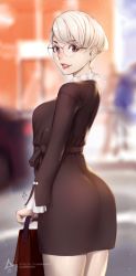 Rule 34 | 1girl, ass, aurahack, blonde hair, blurry, depth of field, earrings, formal, from behind, glasses, green eyes, highres, jewelry, lips, office lady, original, pale skin, parted lips, shiny skin, short hair, smile, solo, stud earrings
