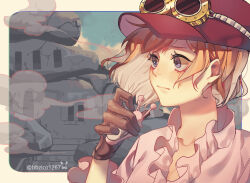 Rule 34 | 1girl, artist name, bbzico1267, brown gloves, closed mouth, commentary request, den den mushi, gloves, goggles, goggles on headwear, hat, holding, koala (one piece), one piece, orange hair, outdoors, pink shirt, shirt, short hair, signature, solo