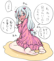 Rule 34 | 1girl, barefoot, blue eyes, blush, bow, bulbonne, dress, embarrassed, eromanga sensei, feet, female focus, flying sweatdrops, frilled dress, frilled sleeves, frills, from behind, grey hair, hair bow, hand to own mouth, hand up, izumi sagiri, japanese text, leaning forward, long hair, long sleeves, looking at viewer, looking back, low-tied long hair, nose blush, open mouth, pee, peeing, peeing self, pink bow, pink dress, puddle, saliva, simple background, sitting, sketch, solo, speech bubble, talking, text focus, translation request, wariza, wavy mouth, white background