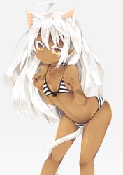 Rule 34 | 1girl, :q, ahoge, animal ears, bad id, bad pixiv id, bare shoulders, bikini, blush, breasts, cat ears, cat tail, dark-skinned female, dark skin, extra ears, front-tie top, long hair, looking at viewer, nibiiro shizuka, original, petite, pointy ears, small breasts, smile, solo, striped bikini, striped clothes, swimsuit, tail, tongue, tongue out, white hair, yellow eyes
