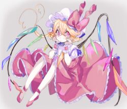 Rule 34 | 1girl, alternate hairstyle, blonde hair, bow, closed mouth, collared shirt, dress, fang, fingernails, flandre scarlet, frilled dress, frilled shirt collar, frills, full body, grey background, hair between eyes, hall jion, hat, hat bow, highres, large bow, long fingernails, looking at viewer, medium hair, mob cap, multicolored wings, nail polish, neckerchief, pink eyes, puffy short sleeves, puffy sleeves, red bow, red dress, red footwear, red nails, sharp fingernails, shirt, short sleeves, simple background, skin fang, solo, touhou, white hat, white shirt, wings, wrist cuffs, yellow neckerchief