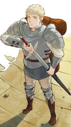 Rule 34 | 1boy, armor, backpack, bag, blonde hair, boots, bracer, brown background, brown bag, brown eyes, brown footwear, closed mouth, dungeon meshi, full body, hand up, highres, holding, holding sword, holding weapon, laios touden, looking at viewer, male focus, outdoors, pauldrons, sheath, short hair, shoulder armor, standing, stone floor, sword, unsheathing, very short hair, weapon, yato (alphonse59)