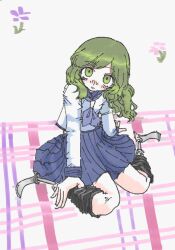 Rule 34 | 1girl, amputee, arm support, blanket, blue bow, blue bowtie, blue skirt, bow, bowtie, double amputee, flower, full body, green eyes, green hair, looking at viewer, medium hair, original, parted lips, pleated skirt, prosthesis, prosthetic leg, shirt, sitting, sk76376502, skirt, solo, wariza, white shirt