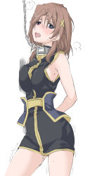 Rule 34 | 1girl, armpit peek, bare shoulders, blue eyes, blush, breasts, brown hair, chain, chained, collar, covered erect nipples, elf (stroll in the woods), hair ornament, hairclip, highres, looking at viewer, lyrical nanoha, mahou shoujo lyrical nanoha strikers, medium breasts, open mouth, pussy juice, restrained, saliva, short hair, sideboob, simple background, solo, tongue, tongue out, trembling, white background, yagami hayate